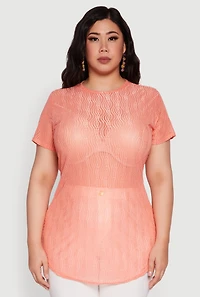 Womens Plus Sheer Textured Knit Tunic Top, Pink,