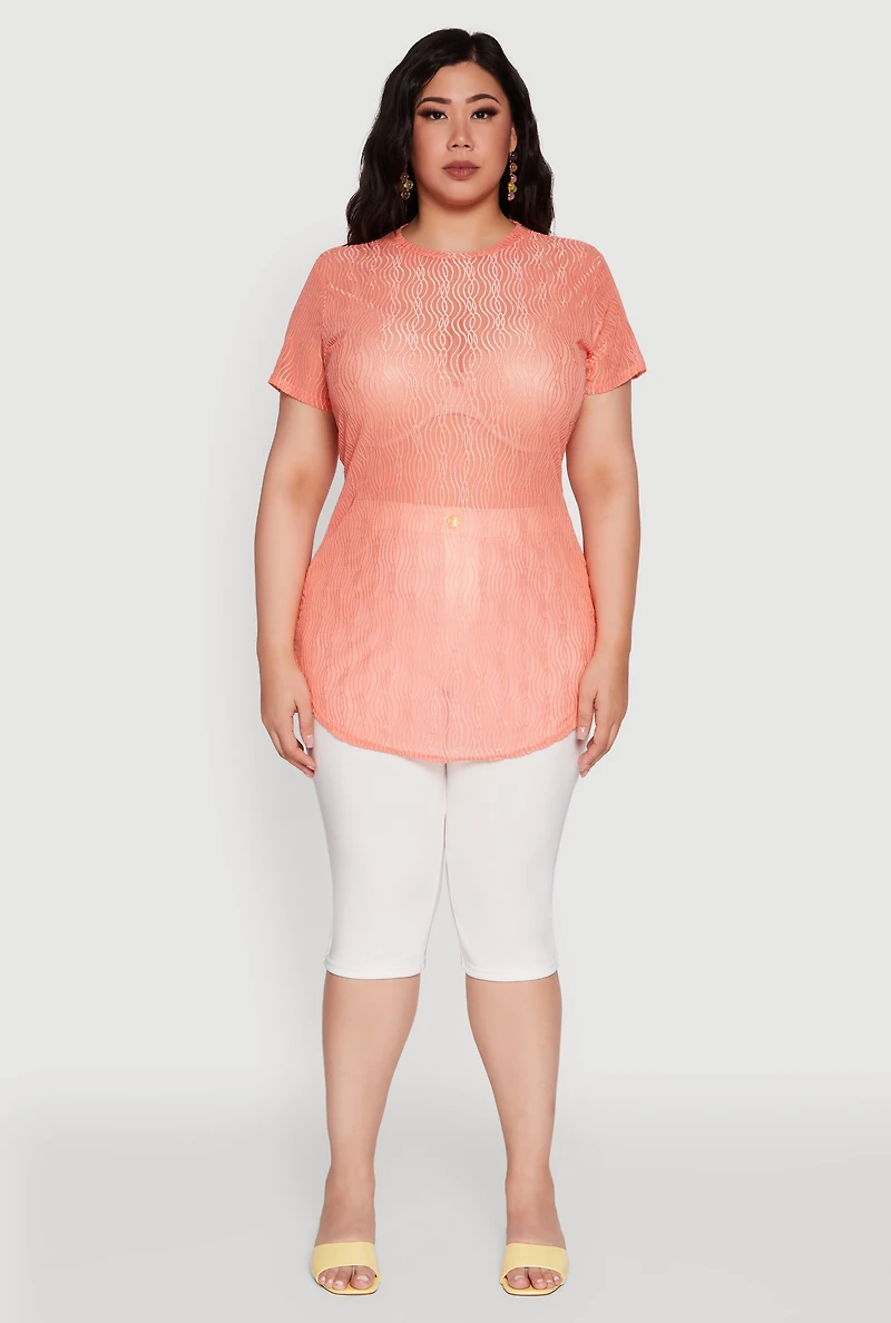 Womens Plus Size Sheer Textured Knit Tunic Top, Pink, Size 3X