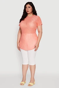Womens Plus Sheer Textured Knit Tunic Top, Pink,