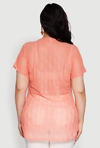Womens Plus Sheer Textured Knit Tunic Top, Pink,