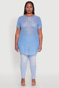 Womens Plus Sheer Textured Knit Tunic Top,