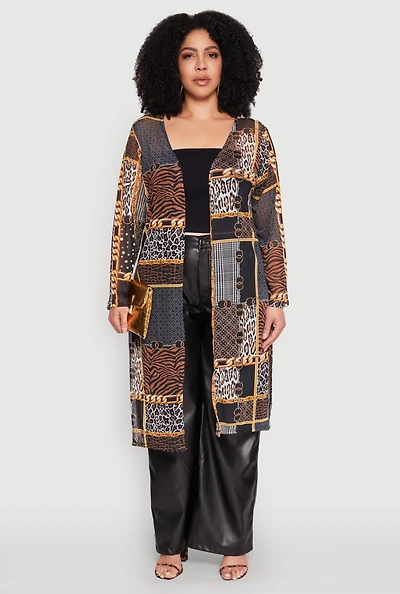 Plus Patterned Chain Print Mesh Duster