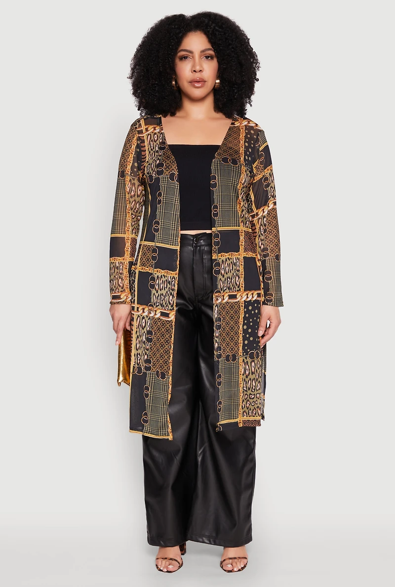 Plus Patterned Chain Print Mesh Duster