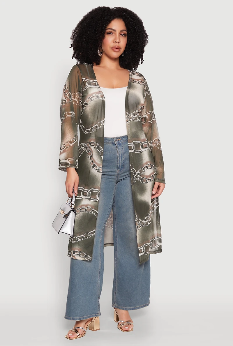 Plus Patterned Chain Print Mesh Duster