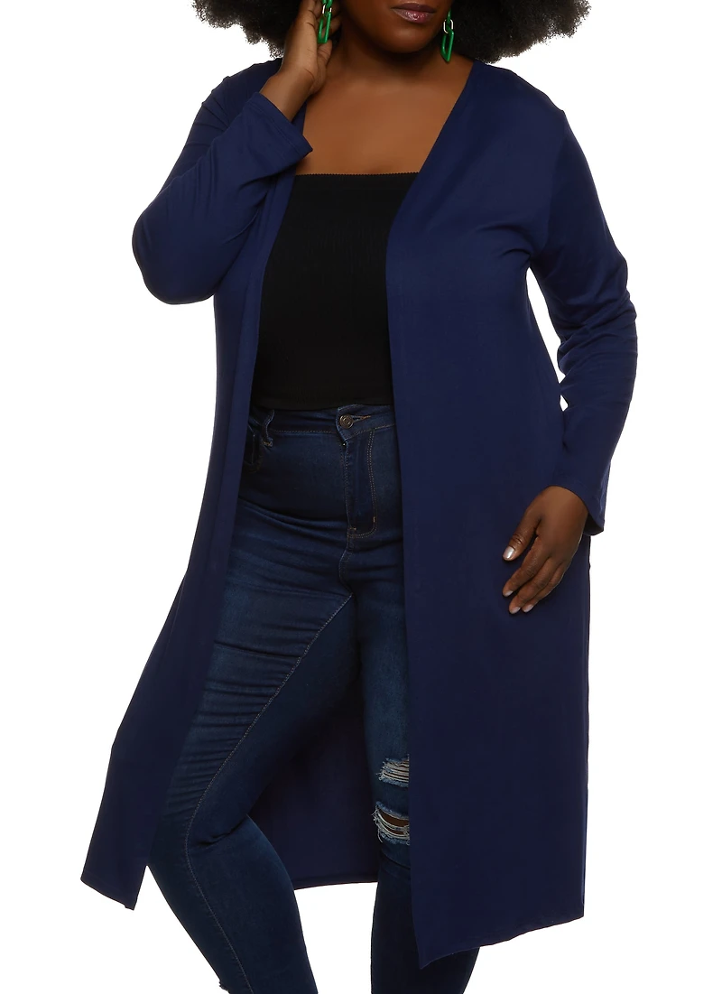 Plus Solid Side Slit Long Sleeve Duster