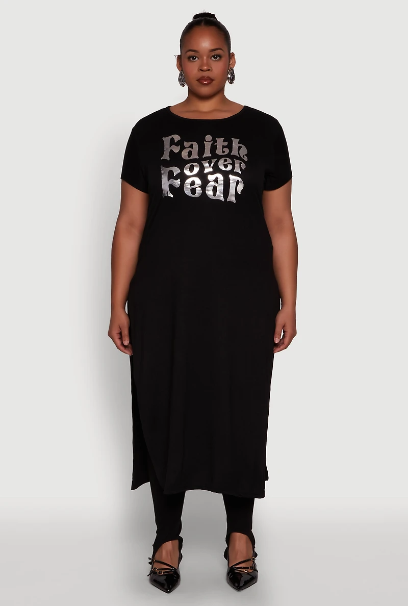 Womens Plus Side Slit Faith Over Fear Foil Graphic Maxi Tee,