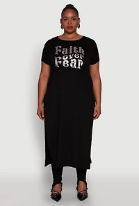 Womens Plus Side Slit Faith Over Fear Foil Graphic Maxi Tee,