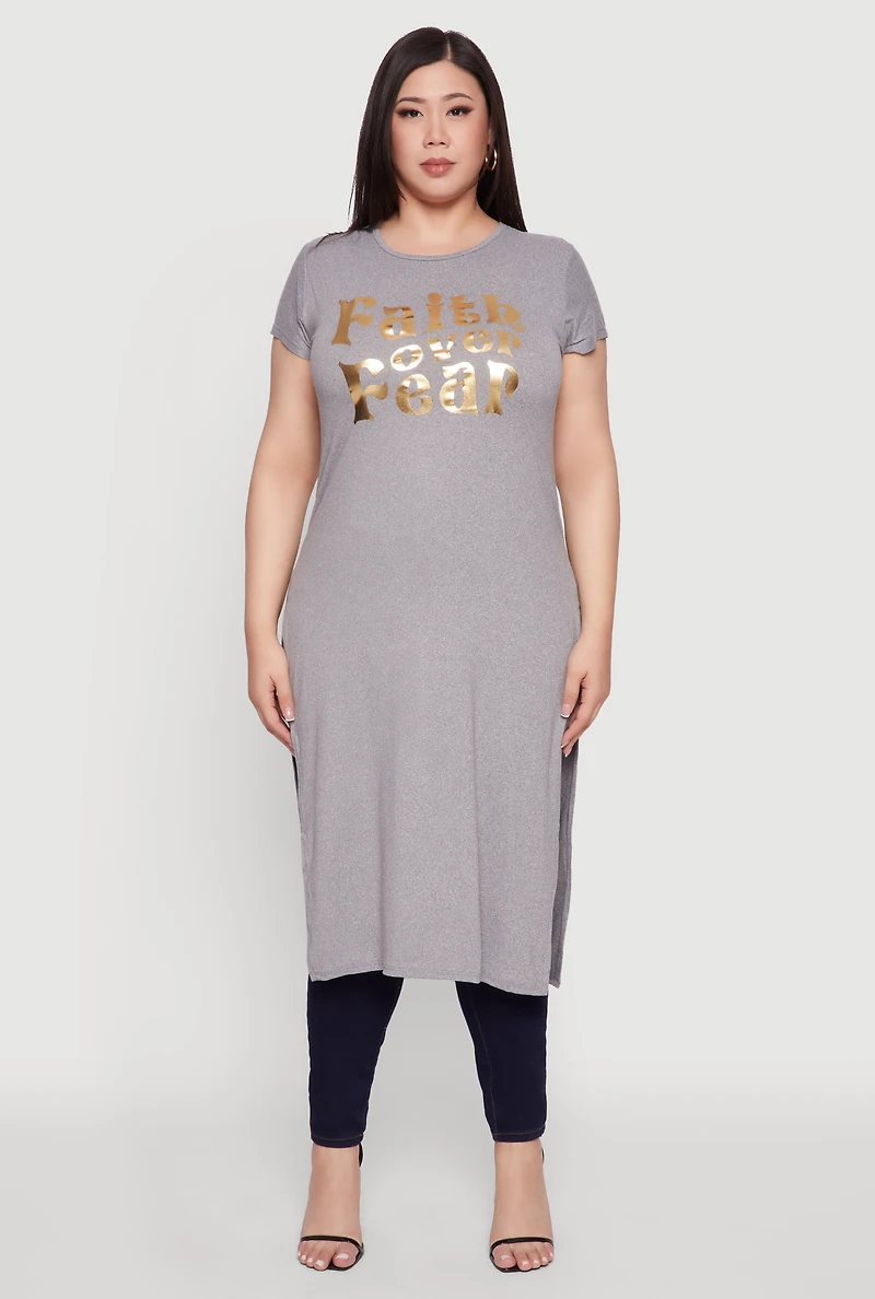 Womens Plus Size Side Slit Faith Over Fear Foil Graphic Maxi Tee, Grey, Size 2X