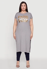Womens Plus Size Side Slit Faith Over Fear Foil Graphic Maxi Tee, Grey, Size 2X