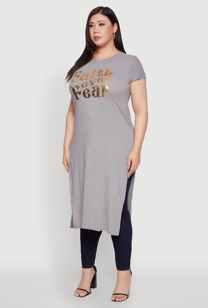 Womens Plus Size Side Slit Faith Over Fear Foil Graphic Maxi Tee, Grey, Size 2X