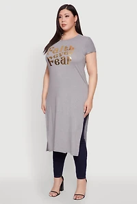 Womens Plus Size Side Slit Faith Over Fear Foil Graphic Maxi Tee, Grey, Size 2X