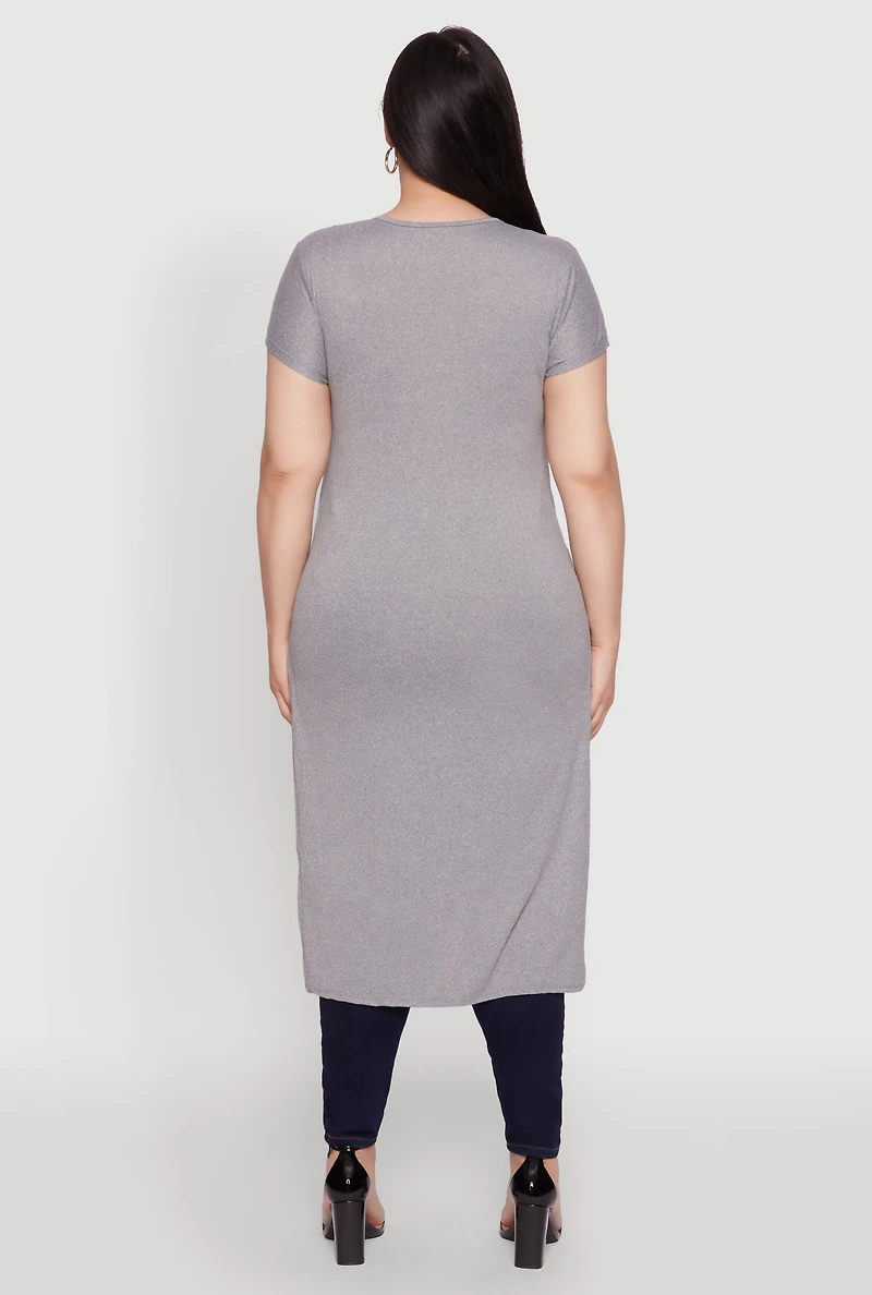 Womens Plus Size Side Slit Faith Over Fear Foil Graphic Maxi Tee, Grey, Size 2X