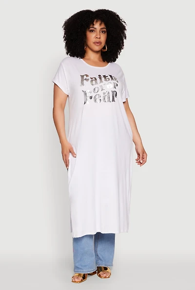 Womens Plus Size Side Slit Faith Over Fear Foil Graphic Maxi Tee, White, Size 2X