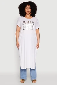 Womens Plus Size Side Slit Faith Over Fear Foil Graphic Maxi Tee, White, Size 4X