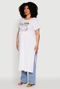 Womens Plus Size Side Slit Faith Over Fear Foil Graphic Maxi Tee, White, Size 4X