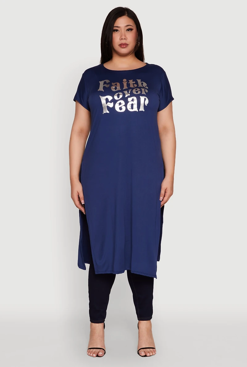 Womens Plus Side Slit Faith Over Fear Foil Graphic Maxi Tee,