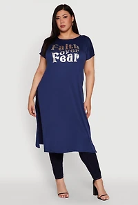 Womens Plus Side Slit Faith Over Fear Foil Graphic Maxi Tee,