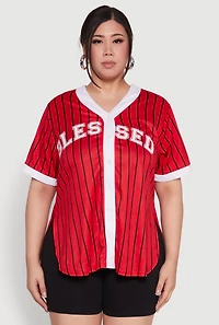 Womens Plus Size Blessed Pinstripe Baseball Shirt, Red, Size 1X