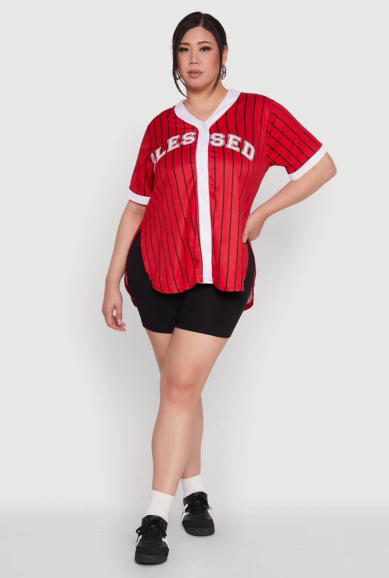 Womens Plus Size Blessed Pinstripe Baseball Shirt, Red, Size 3X