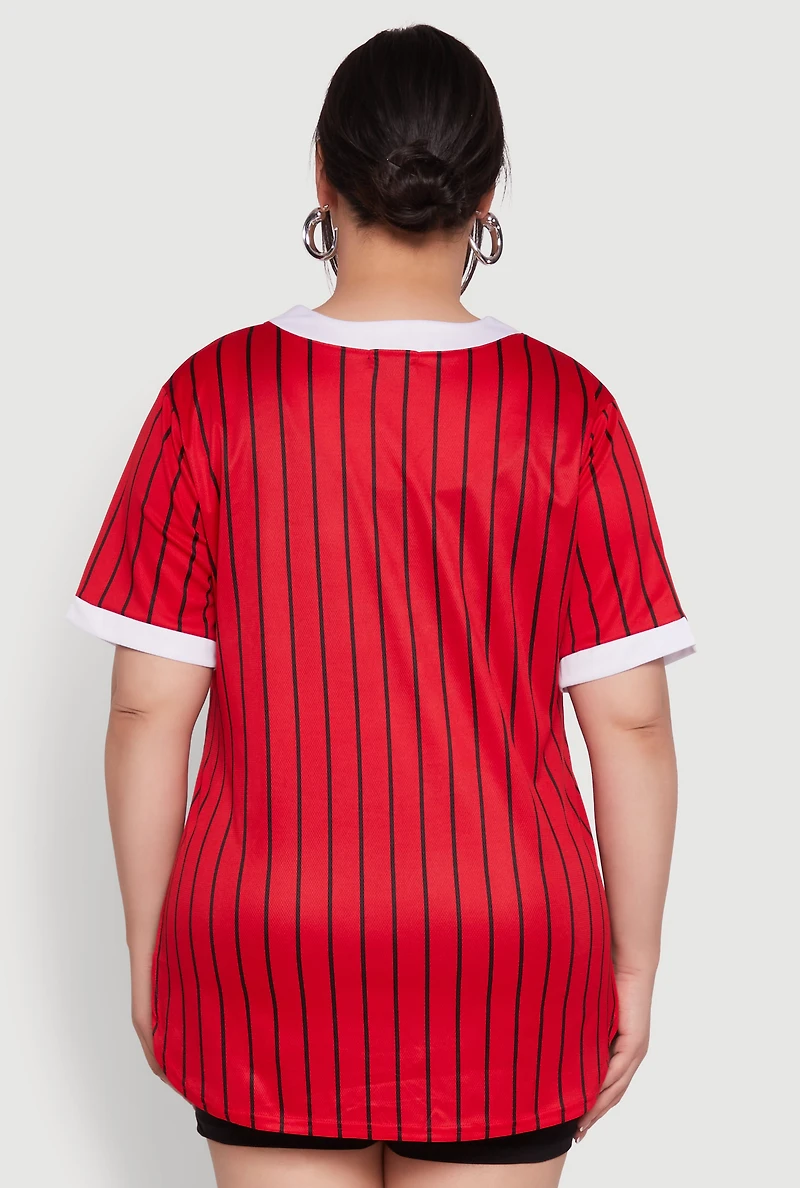 Womens Plus Size Blessed Pinstripe Baseball Shirt, Red, Size 3X