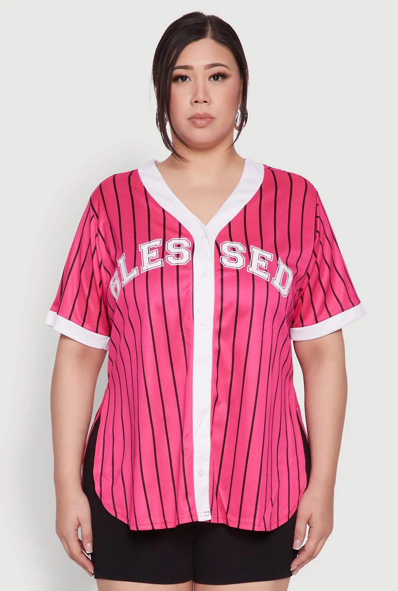 Womens Plus Size Blessed Pinstripe Baseball Shirt, Pink, Size 3X