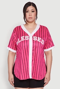 Womens Plus Size Blessed Pinstripe Baseball Shirt, Pink, Size 3X