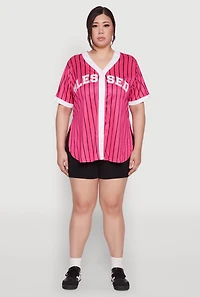Womens Plus Size Blessed Pinstripe Baseball Shirt, Pink, Size 2X