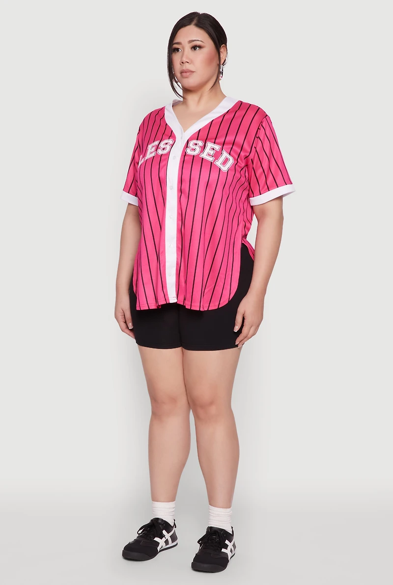 Womens Plus Size Blessed Pinstripe Baseball Shirt, Pink, Size 3X