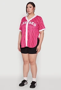 Womens Plus Size Blessed Pinstripe Baseball Shirt, Pink, Size 3X