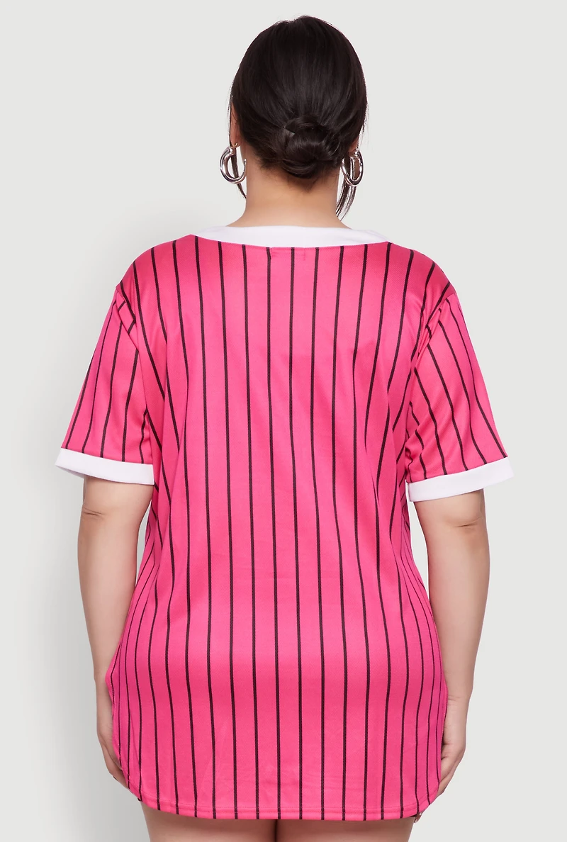 Womens Plus Size Blessed Pinstripe Baseball Shirt, Pink, Size 2X
