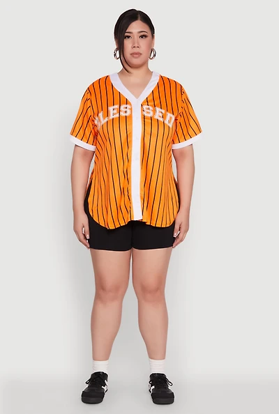 Womens Plus Blessed Pinstripe Baseball Shirt,