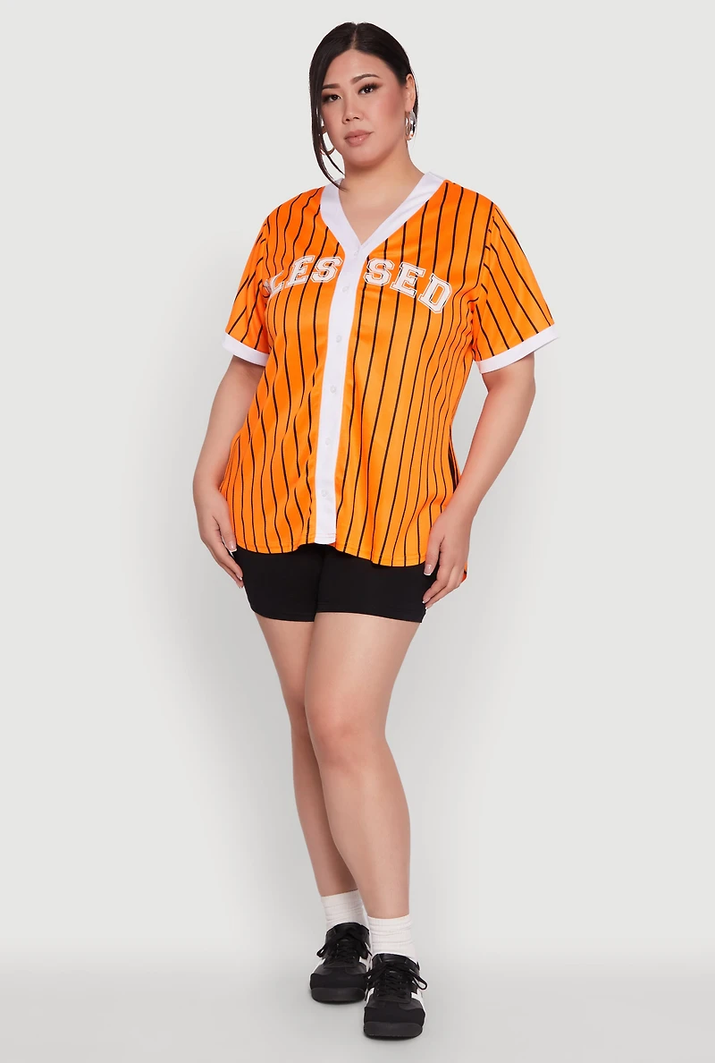 Womens Plus Blessed Pinstripe Baseball Shirt,