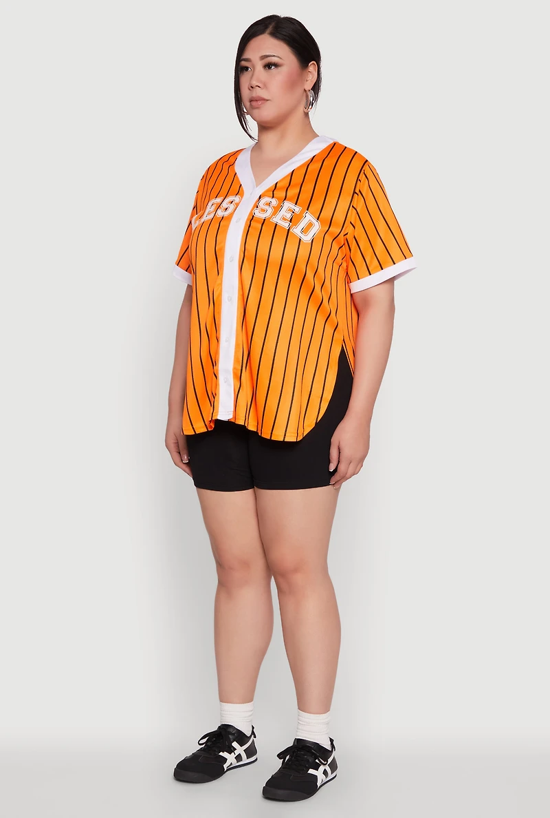 Womens Plus Blessed Pinstripe Baseball Shirt,