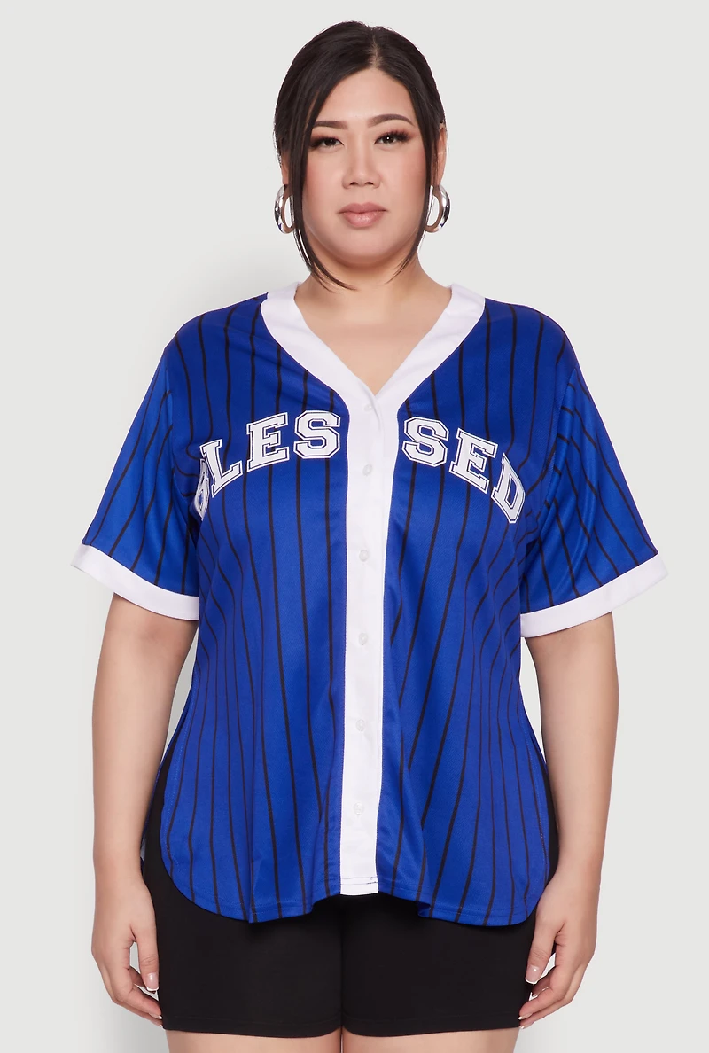 Womens Plus Size Blessed Pinstripe Baseball Shirt, Blue, Size 3X