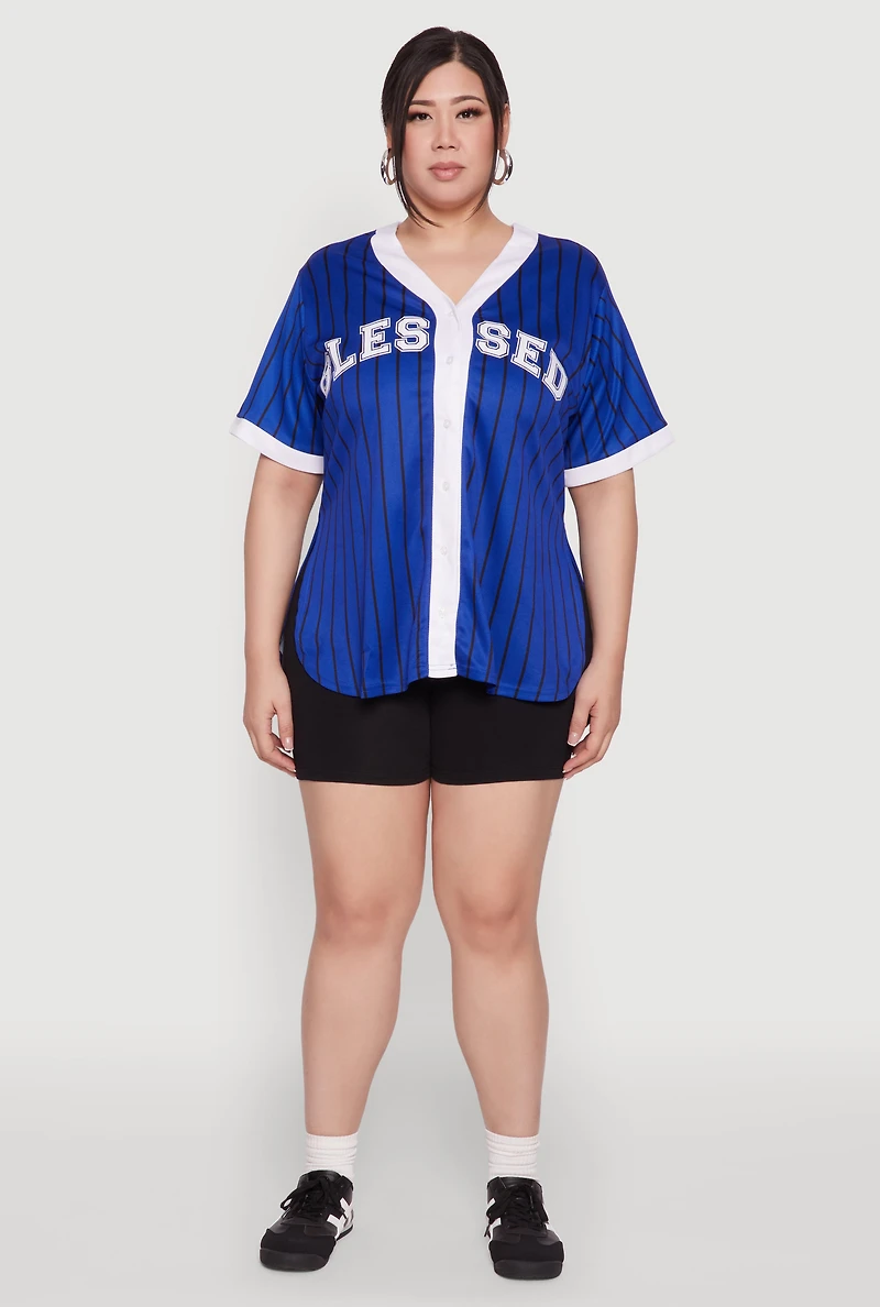 Womens Plus Size Blessed Pinstripe Baseball Shirt, Blue, Size 3X