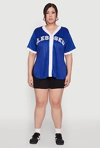 Womens Plus Size Blessed Pinstripe Baseball Shirt, Blue, Size 3X