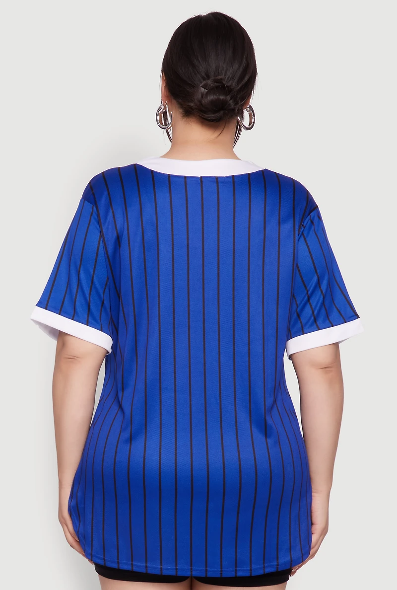 Womens Plus Size Blessed Pinstripe Baseball Shirt, Blue, Size 3X