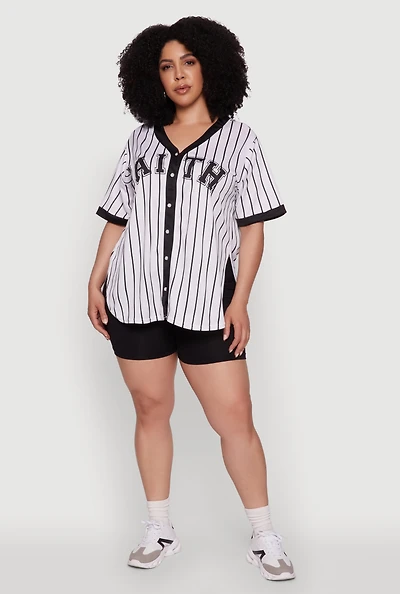 Womens Plus Contrast Trim Faith Graphic Baseball Tee, White,
