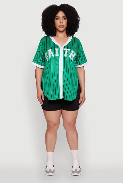 Womens Plus Contrast Trim Faith Graphic Baseball Tee,