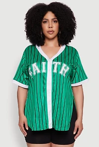 Womens Plus Contrast Trim Faith Graphic Baseball Tee, 1X