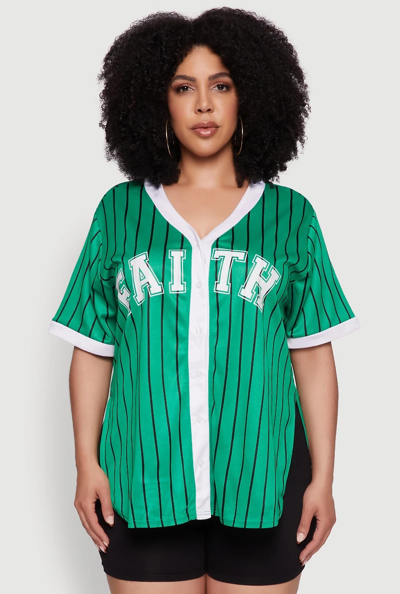 Womens Plus Contrast Trim Faith Graphic Baseball Tee, 2X