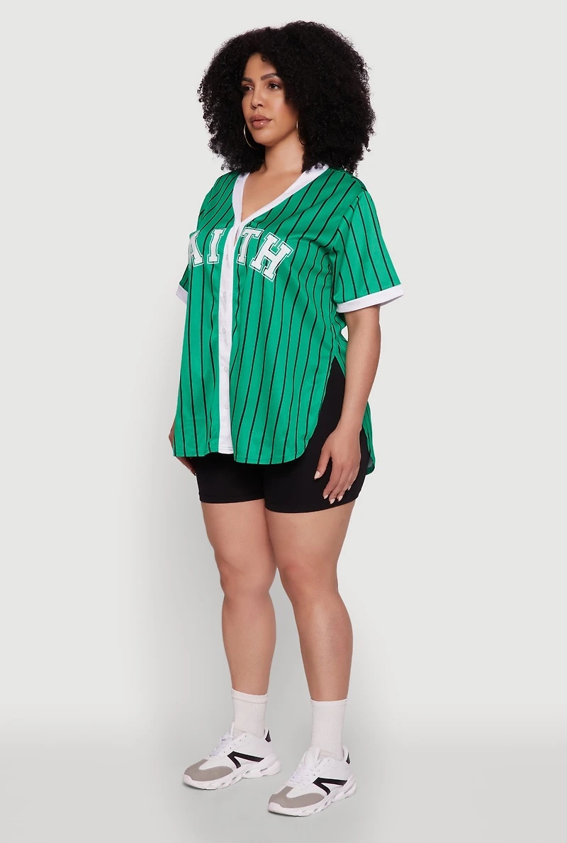 Womens Plus Contrast Trim Faith Graphic Baseball Tee, 2X