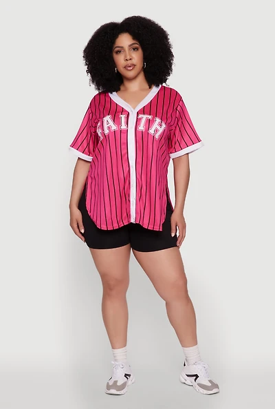 Womens Plus Size Contrast Trim Faith Graphic Baseball Tee, Pink, Size 3X