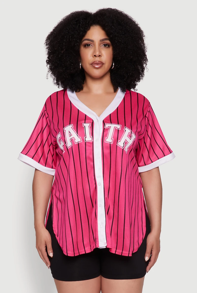 Womens Plus Size Contrast Trim Faith Graphic Baseball Tee, Pink, Size 3X