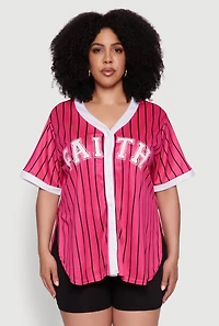 Womens Plus Size Contrast Trim Faith Graphic Baseball Tee, Pink, Size 3X