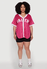 Womens Plus Contrast Trim Faith Graphic Baseball Tee,