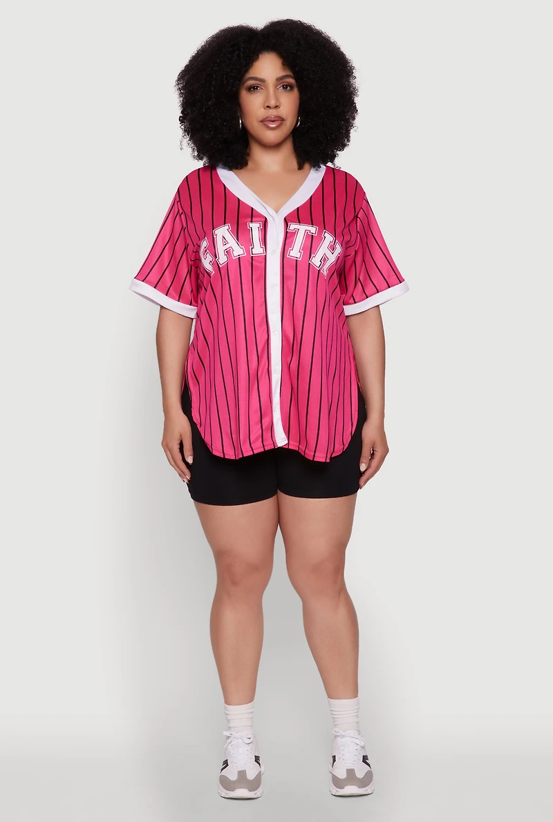 Womens Plus Size Contrast Trim Faith Graphic Baseball Tee, Pink, Size 3X