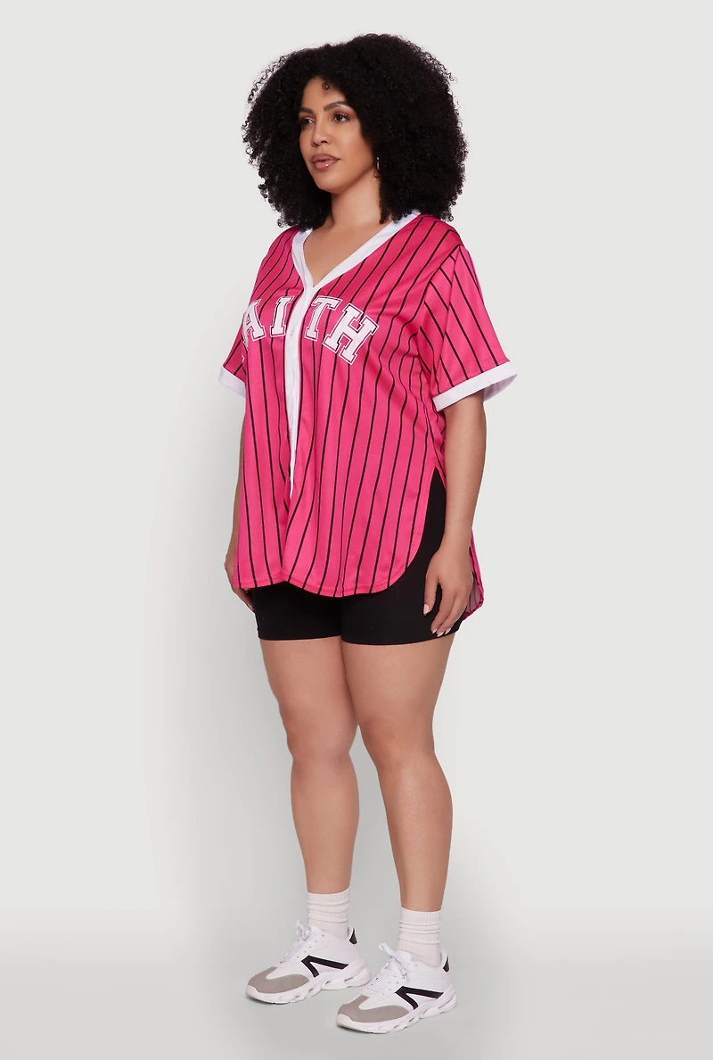 Womens Plus Size Contrast Trim Faith Graphic Baseball Tee, Pink, Size 3X