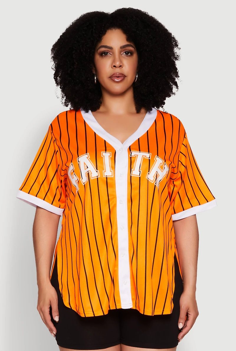 Womens Plus Contrast Trim Faith Graphic Baseball Tee,