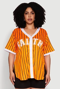 Womens Plus Contrast Trim Faith Graphic Baseball Tee,